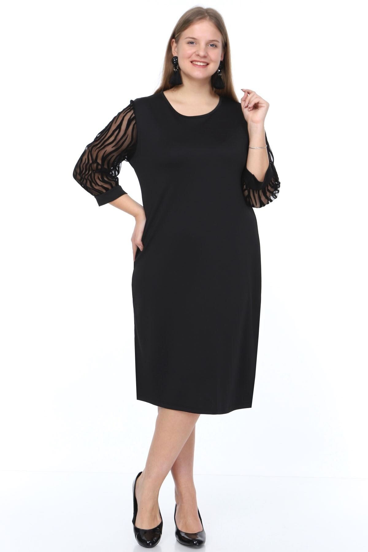Kadın Büyük Beden Siyah Tül Üzeri Zebra Flok Baskılı Fakir Kol  Midi Boy Elbise