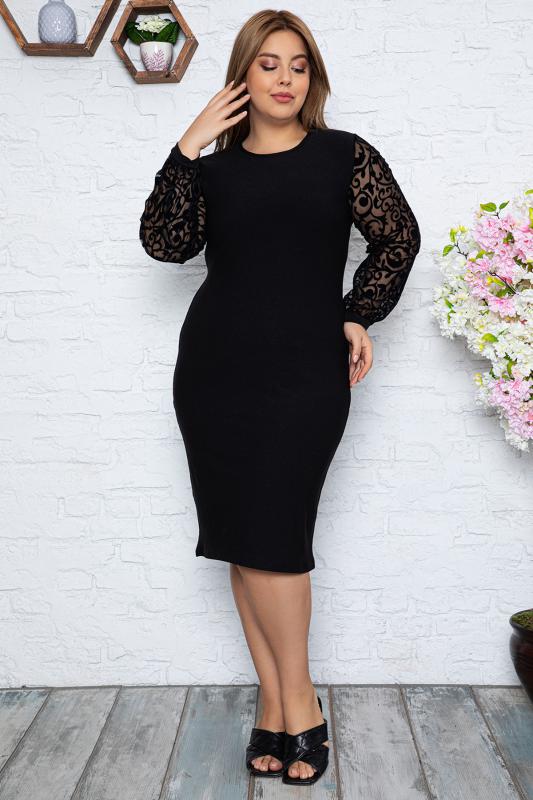 Kadın Büyük Beden Siyah Tül Üzeri Türk Motifi Flok Baskılı Midi Boy Elbise