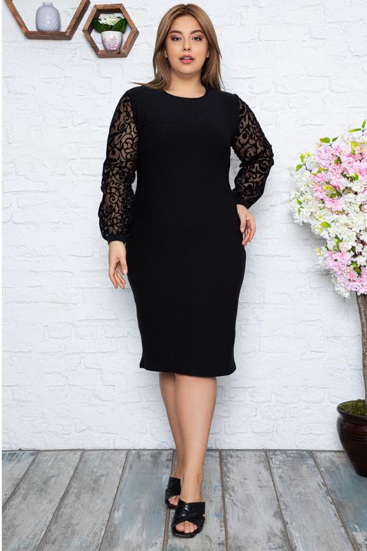 Kadın Büyük Beden Siyah Tül Üzeri Türk Motifi Flok Baskılı Midi Boy Elbise