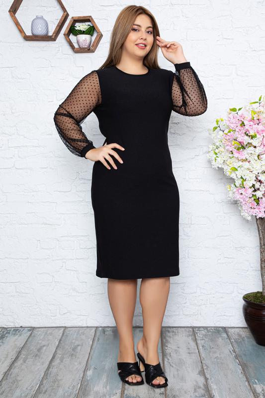 Kadın Büyük Beden Siyah Tül Üzeri İnce Puantiye Flok Baskılı Midi Boy Elbise