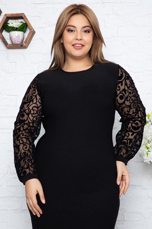 Kadın Büyük Beden Siyah Tül Üzeri Türk Motifi Flok Baskılı Midi Boy Elbise