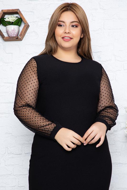 Kadın Büyük Beden Siyah Tül Üzeri İnce Puantiye Flok Baskılı Midi Boy Elbise