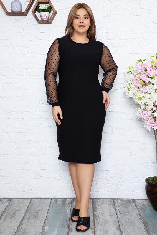 Kadın Büyük Beden Siyah Tül Üzeri İnce Puantiye Flok Baskılı Midi Boy Elbise