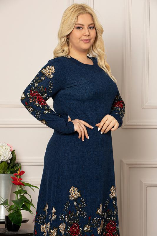 Kadın Bordo Çiçek Desen Uzun Esnek Krep Elbise