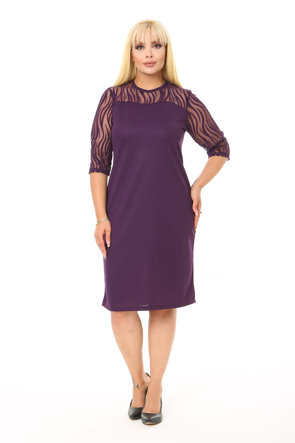 Kadın Büyük Beden Mürdüm Tül Üzeri Zebra Flok Baskılı Göğüs Robalı Midi Boy Elbise