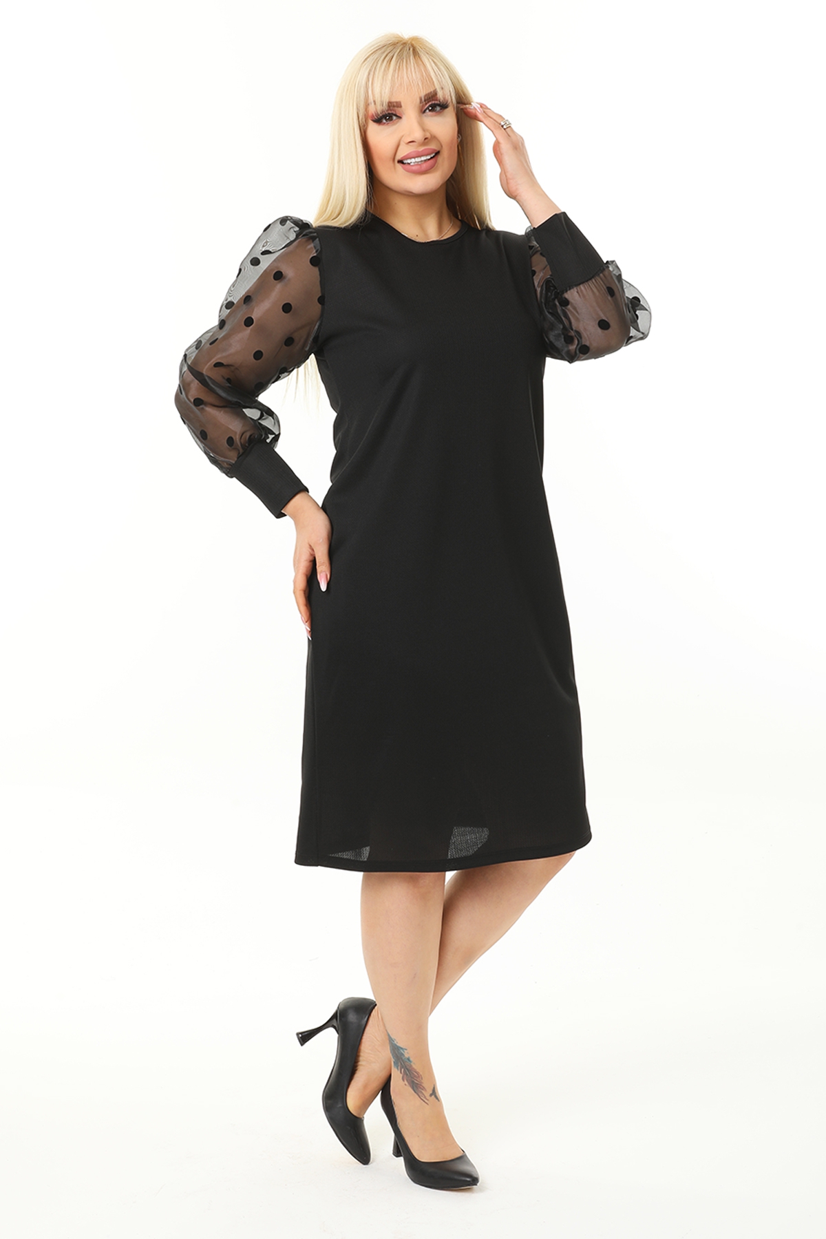 Kadın Büyük Beden Siyah Organze Tül Üzeri Puantiye Flok Baskılı Balon Kol Midi Boy Elbise