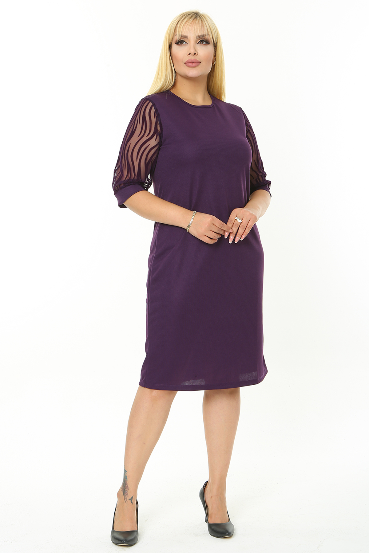 Kadın Büyük Beden Mürdüm Tül Üzeri Zebra Flok Baskılı Fakir Kol Midi Boy Elbise