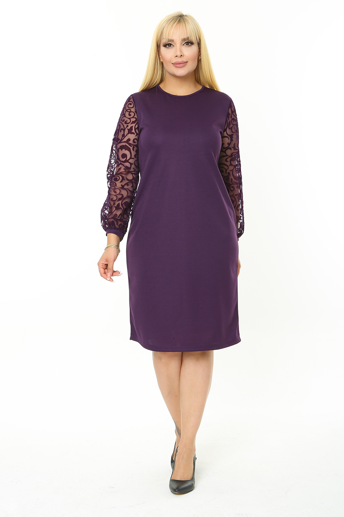 Kadın Büyük Beden Mürdüm Tül Üzeri Türk Motifi Flok Baskılı Midi Boy Elbise