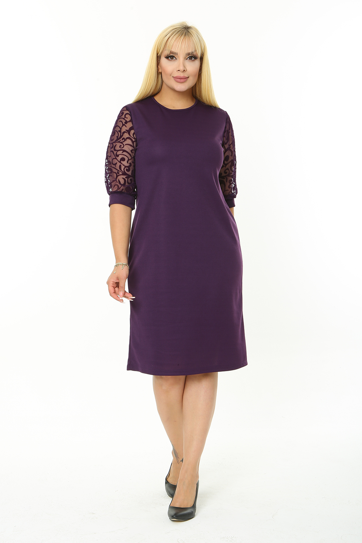 Kadın Büyük Beden Mürdüm Tül Üzeri Türk Motifi  Flok Baskılı Fakir Kol Midi Boy Elbise