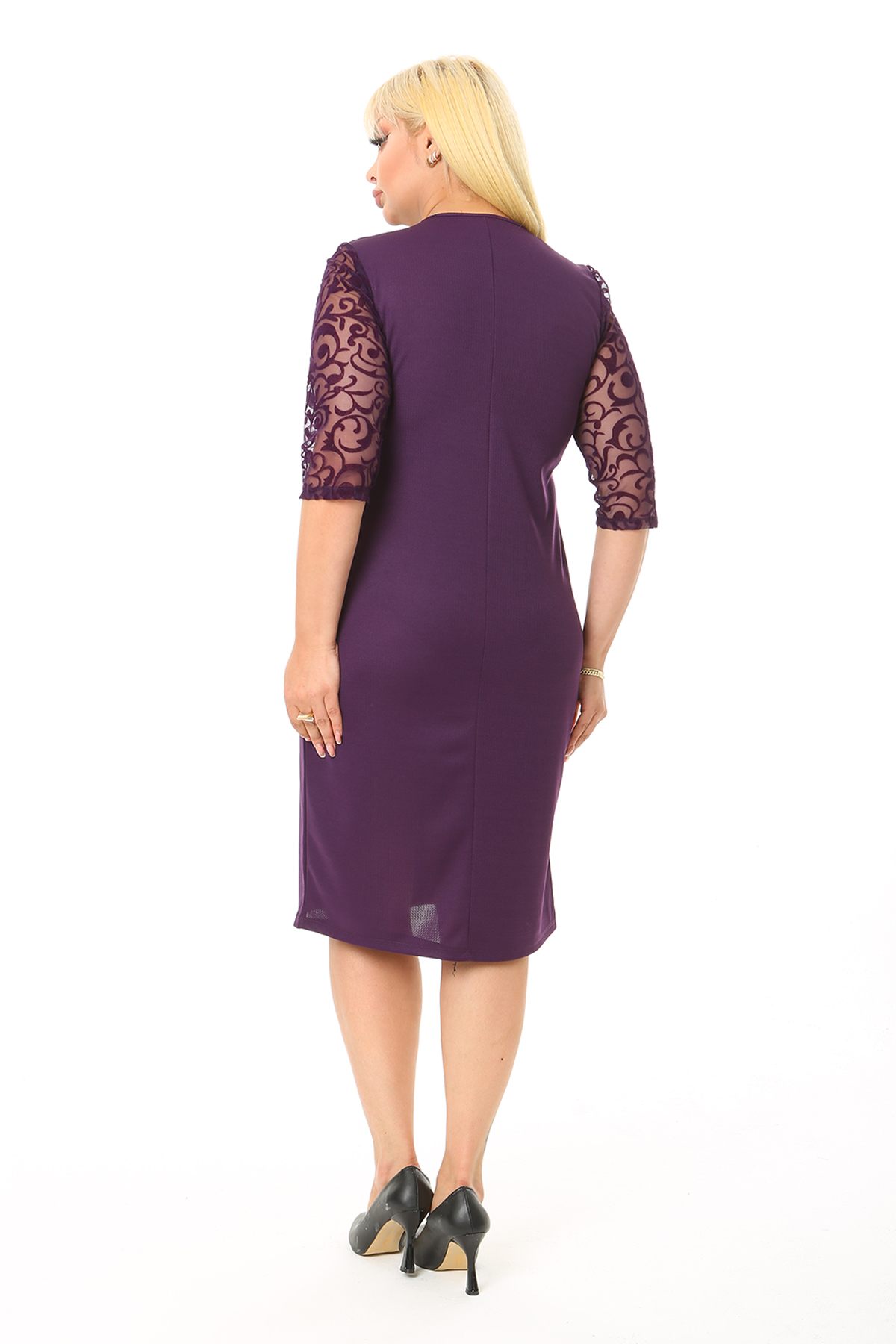 Kadın Büyük Beden Mürdüm Tül Üzeri Türk Motifi Flok Baskılı Göğüs Robalı Midi Boy Elbise