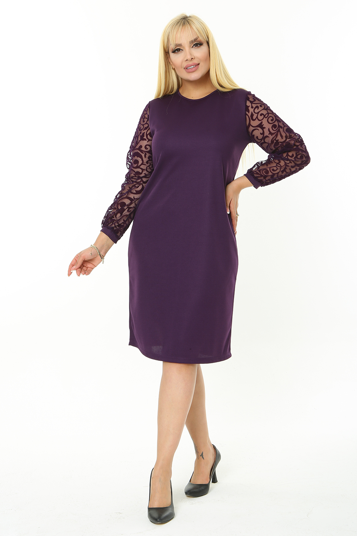 Kadın Büyük Beden Mürdüm Tül Üzeri Türk Motifi Flok Baskılı Midi Boy Elbise