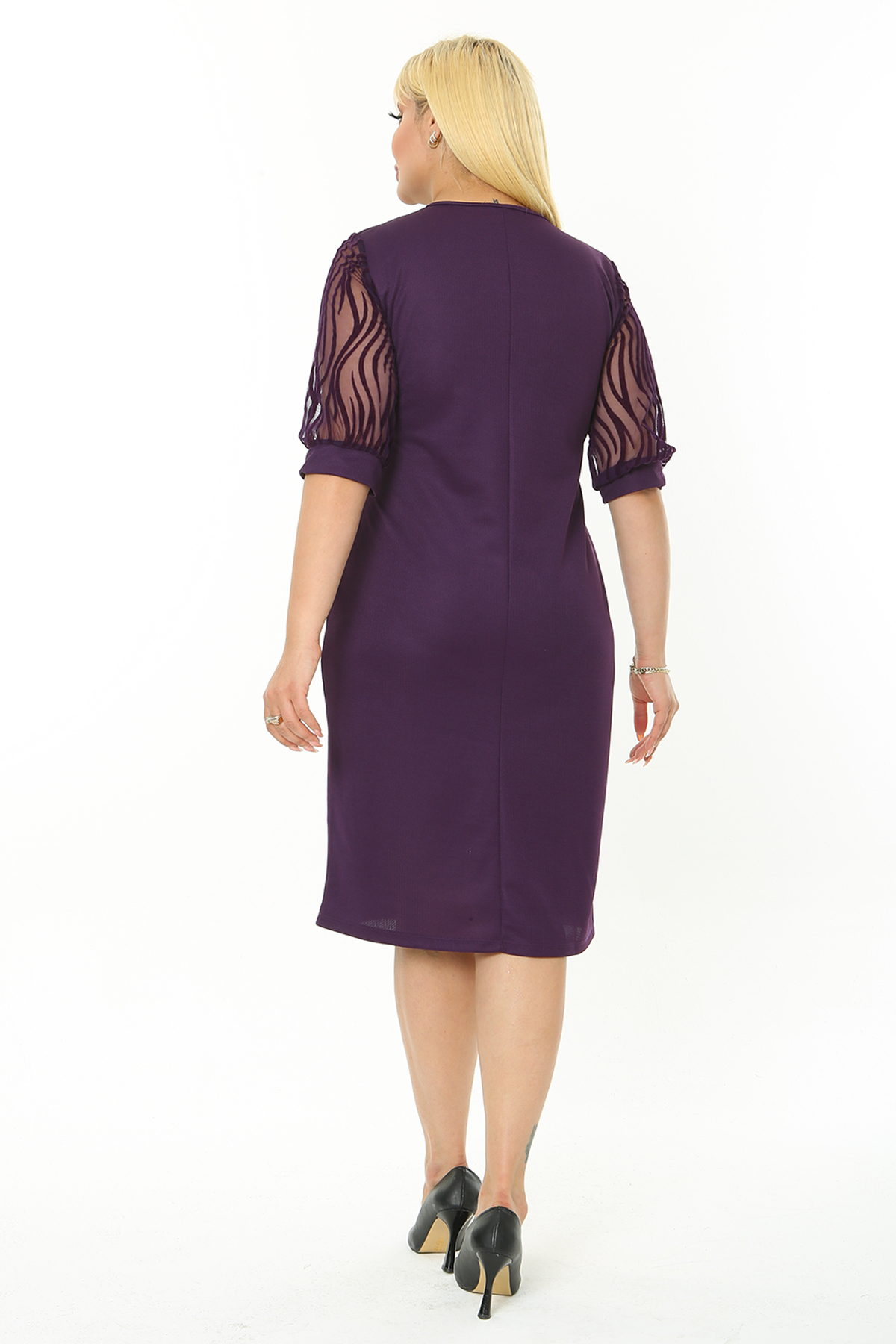 Kadın Büyük Beden Mürdüm Tül Üzeri Zebra Flok Baskılı Fakir Kol Midi Boy Elbise