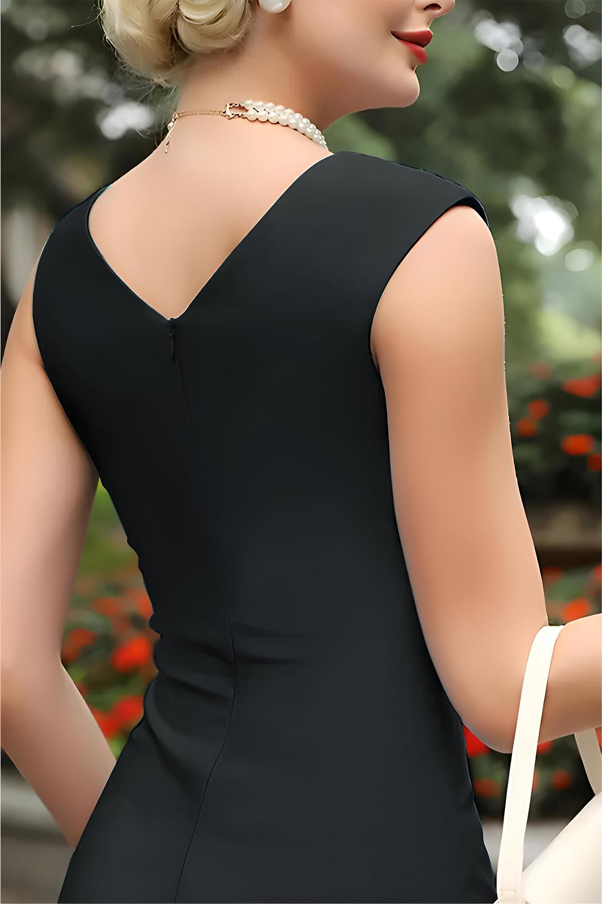 Kadın Büyük Beden Siyah Asimetrik Yaka Vintage Stil Midi Elbise