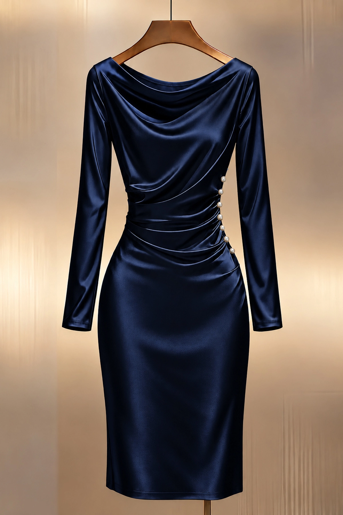 Kadın Lacivert Uzun Kollu Degaje Yaka Drapeli Saten Midi Abiye Elbise