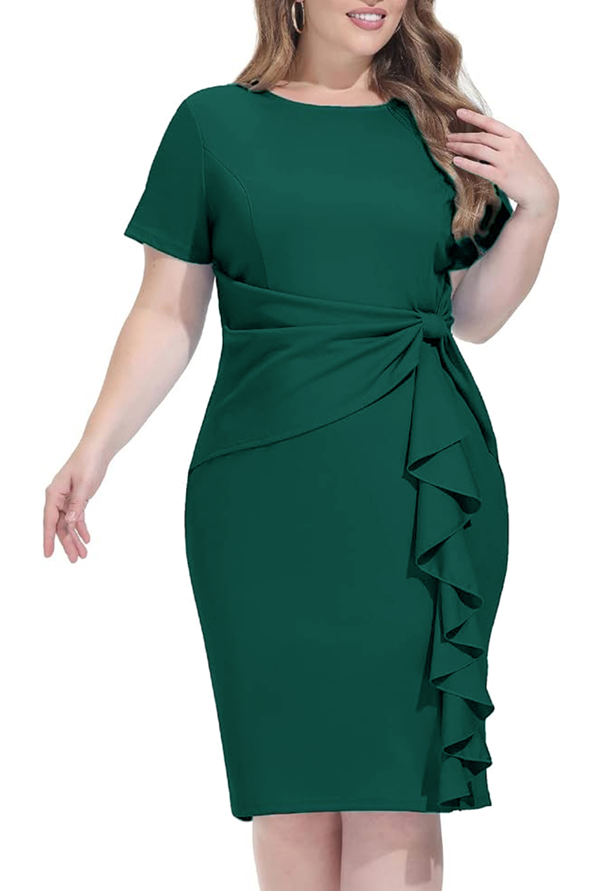 Kadın Büyük Beden Zümrüt Yeşili Bel Drapeli Fırfırlı Büyük Beden Elbise