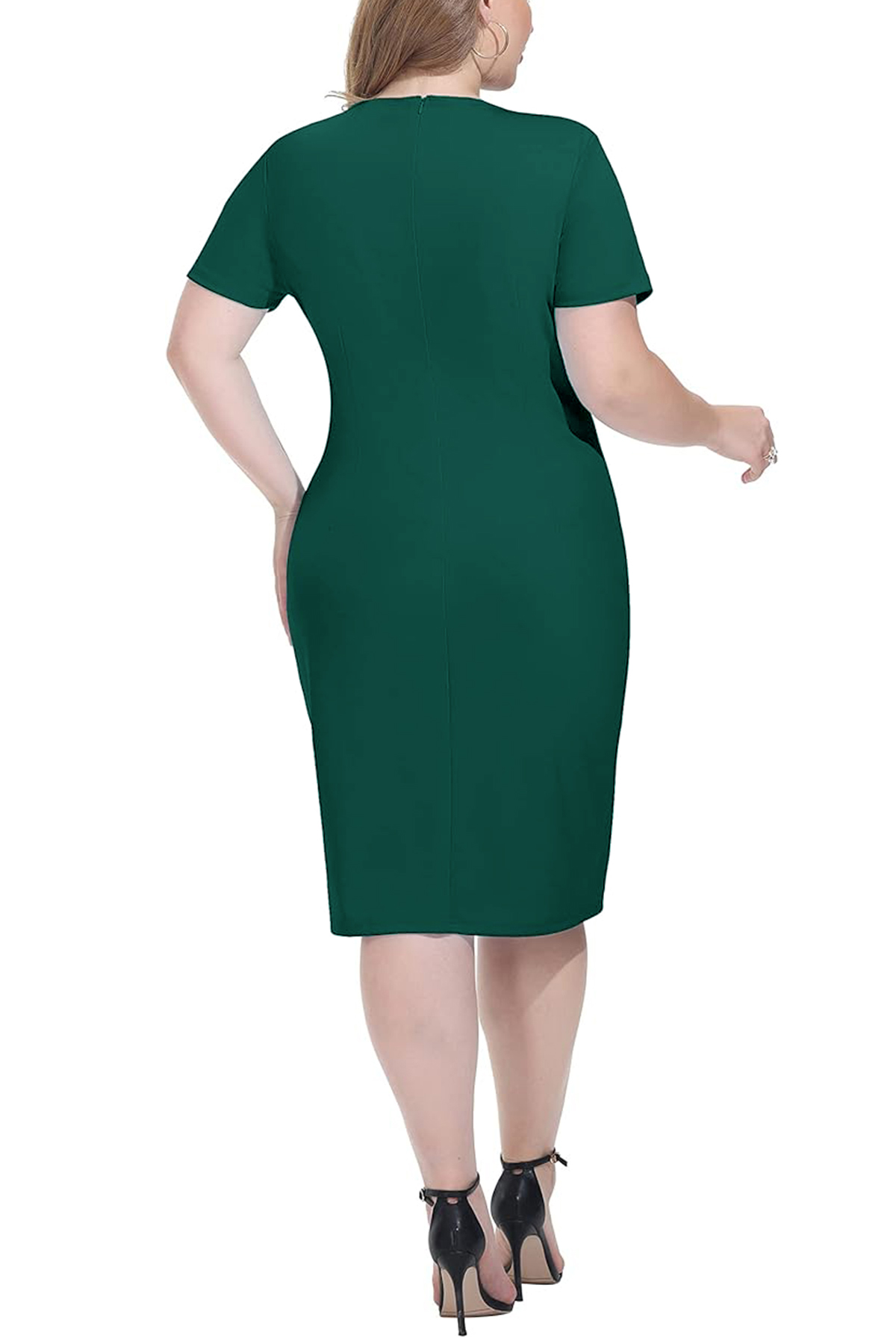 Kadın Büyük Beden Zümrüt Yeşili Bel Drapeli Fırfırlı Büyük Beden Elbise