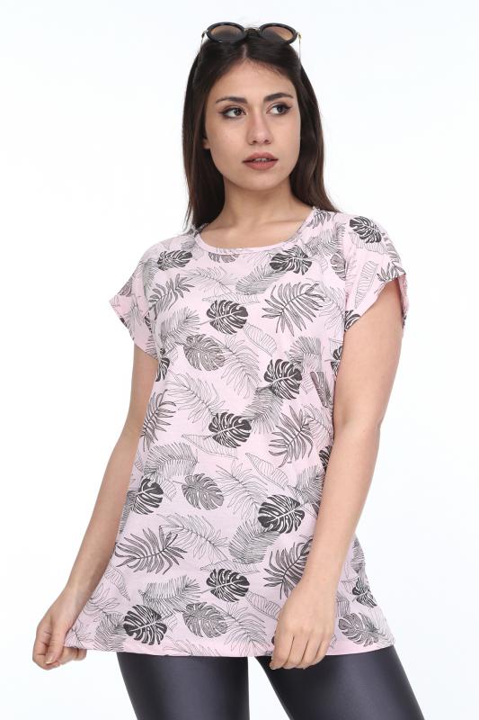 Kadın Büyük Beden Pembe Desenli Günlük T-Shirt