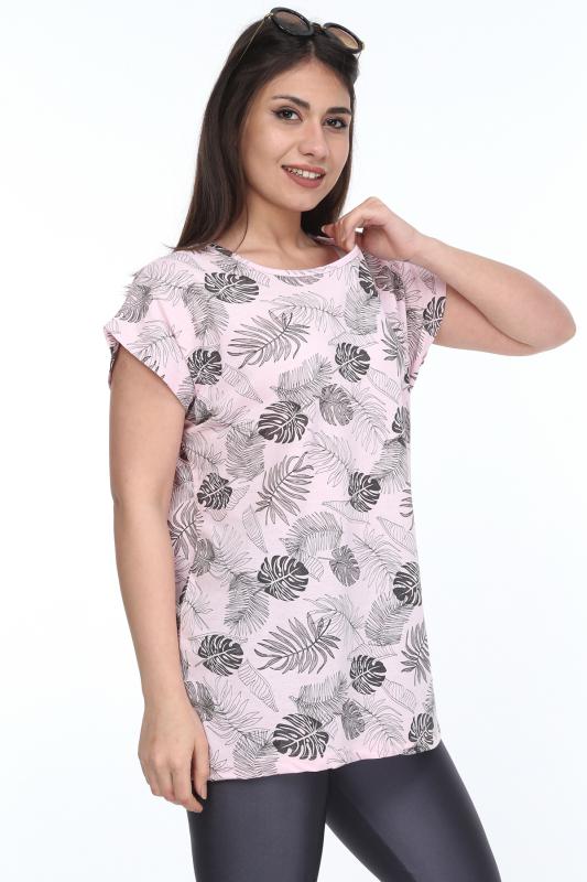 Kadın Büyük Beden Pembe Desenli Günlük T-Shirt