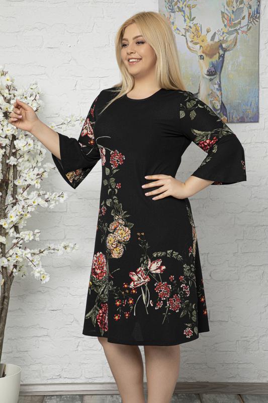 Kadın Büyük Beden Siyah Volan Kol Krep Kumaş Elbise