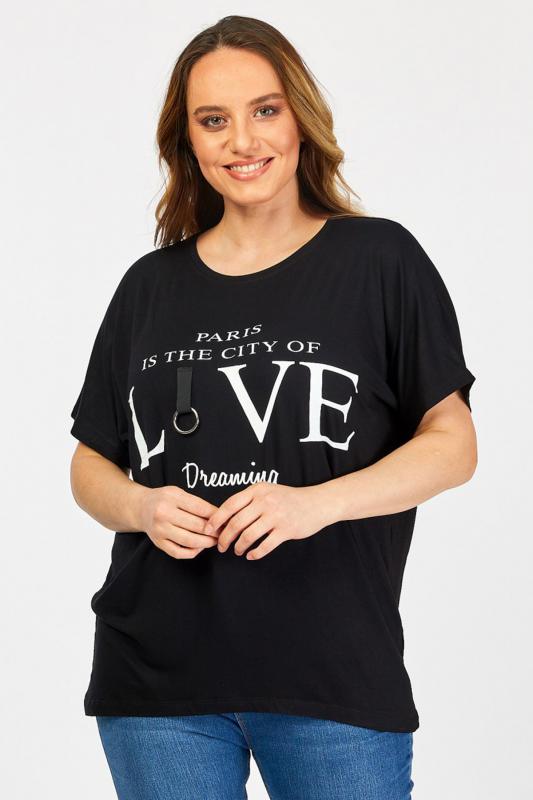 Kadın Büyük Beden Siyah Yazı Baskılı Günlük Bluz