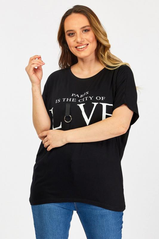 Kadın Büyük Beden Siyah Yazı Baskılı Günlük Bluz