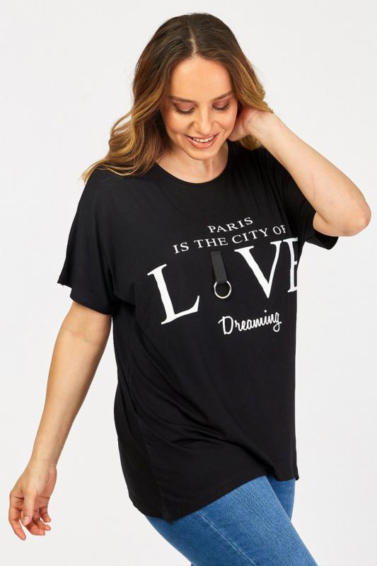 Kadın Büyük Beden Siyah Yazı Baskılı Günlük Bluz