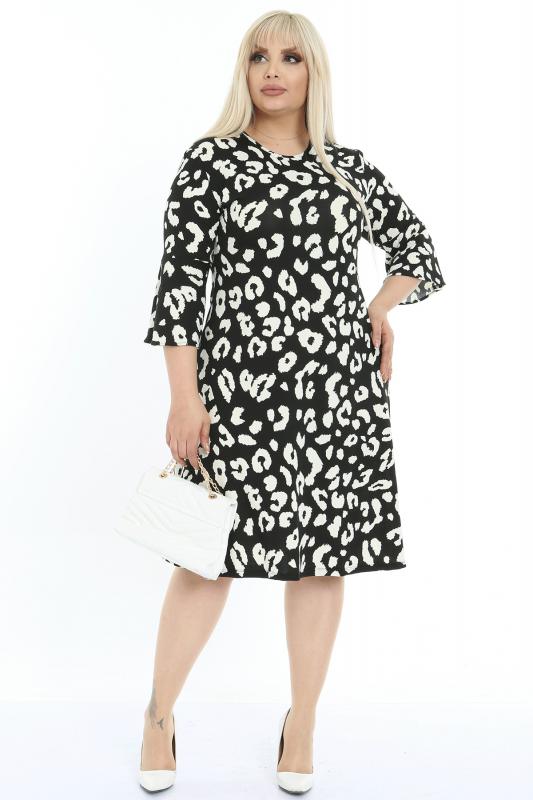 Kadın Büyük Beden Siyah Beyaz Volan Kol Krep Kumaş Elbise