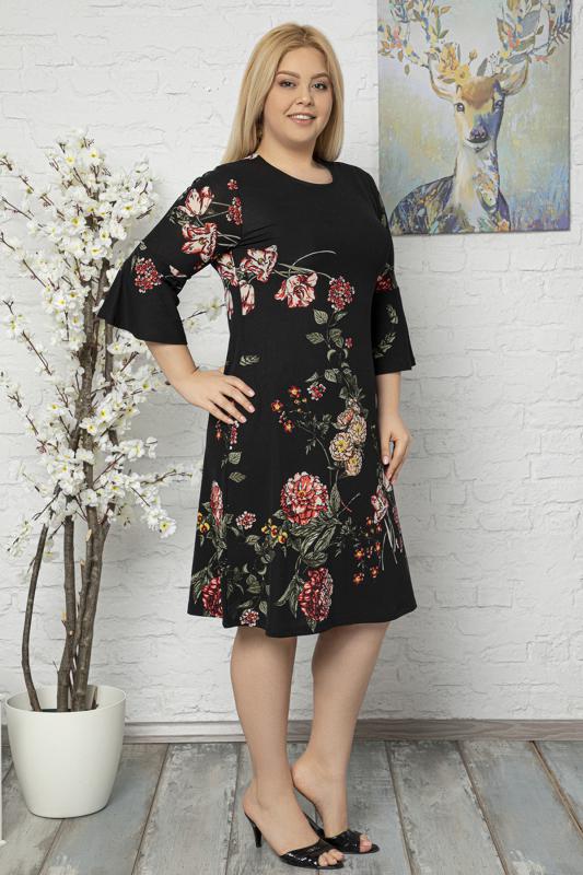 Kadın Büyük Beden Siyah Volan Kol Krep Kumaş Elbise