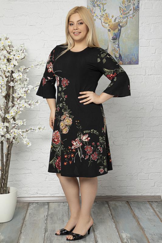 Kadın Büyük Beden Siyah Volan Kol Krep Kumaş Elbise