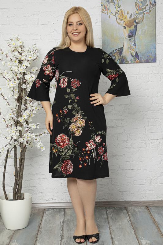 Kadın Büyük Beden Siyah Volan Kol Krep Kumaş Elbise