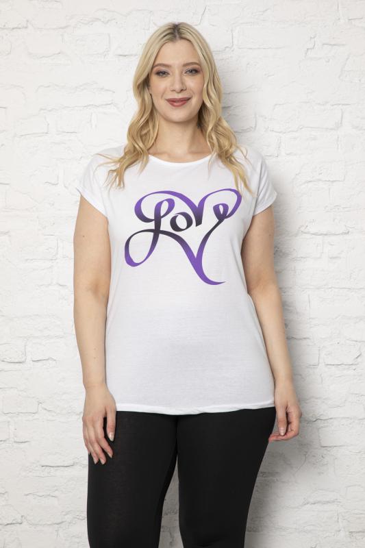 Kadın Büyük Beden Love Baskılı Beyaz T-Shirt
