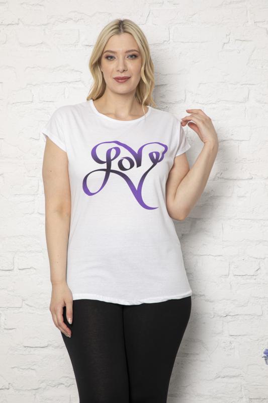 Kadın Büyük Beden Love Baskılı Beyaz T-Shirt
