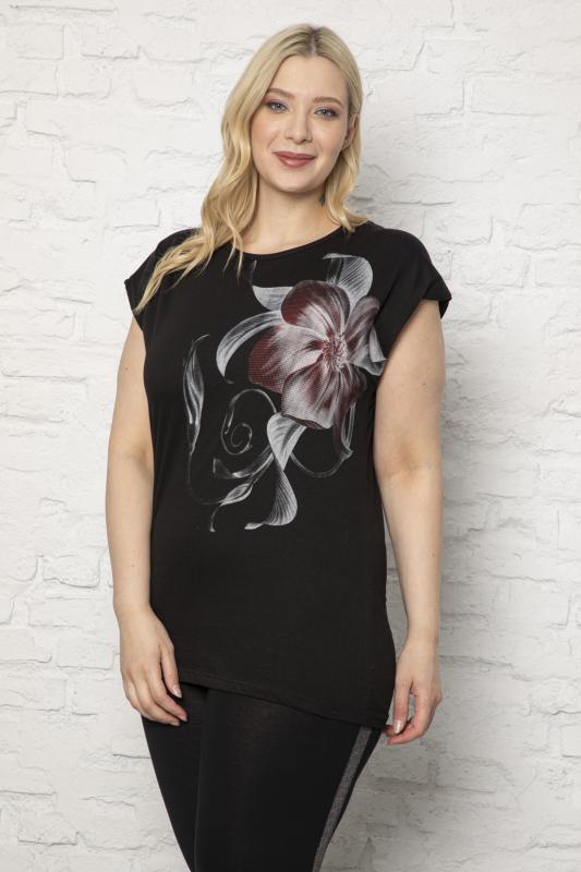 Kadın Büyük Beden Siyah  Baskılı T-Shirt