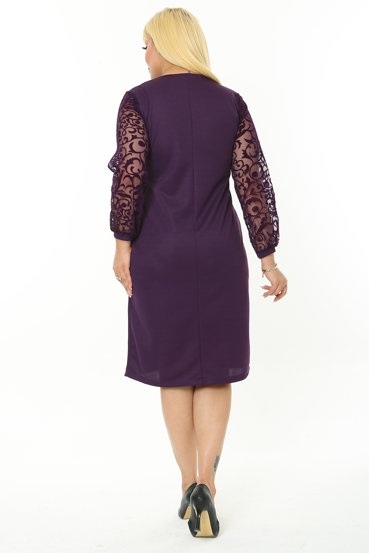 Kadın Büyük Beden Mürdüm Tül Üzeri Türk Motifi Flok Baskılı Midi Boy Elbise