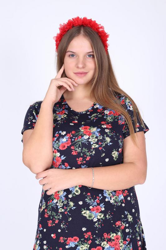 Kadın Büyük Beden Lacivert Çiçek Baskılı Midi Boy Elbise