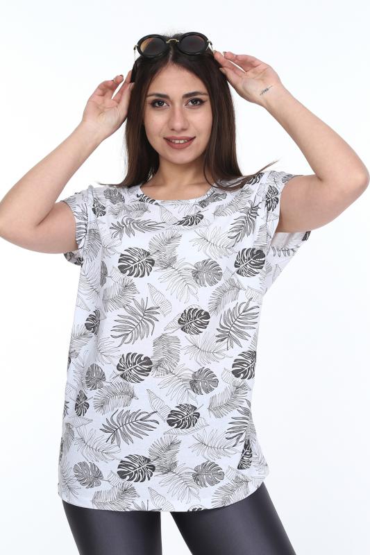 Kadın Büyük Beden Beyaz Desenli Günlük T-Shirt