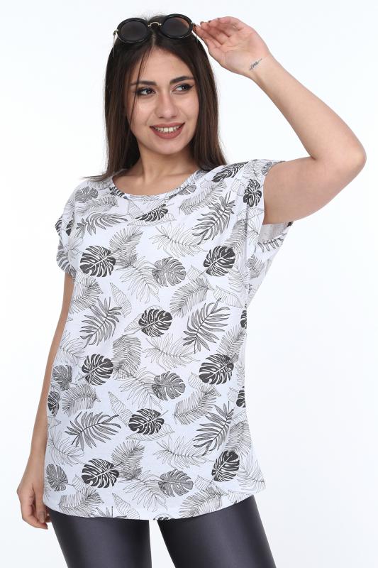 Kadın Büyük Beden Beyaz Desenli Günlük T-Shirt