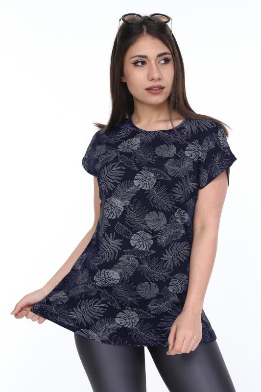 Kadın Büyük Beden Lacivert Desenli Günlük T-Shirt