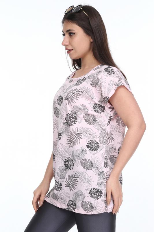 Kadın Büyük Beden Pembe Desenli Günlük T-Shirt