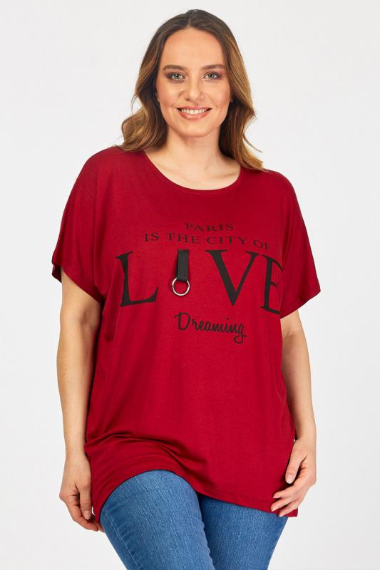 Kadın Büyük Beden Bordo Yazı Baskılı Günlük Bluz