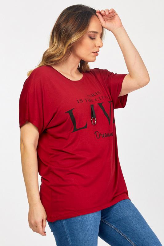 Kadın Büyük Beden Bordo Yazı Baskılı Günlük Bluz