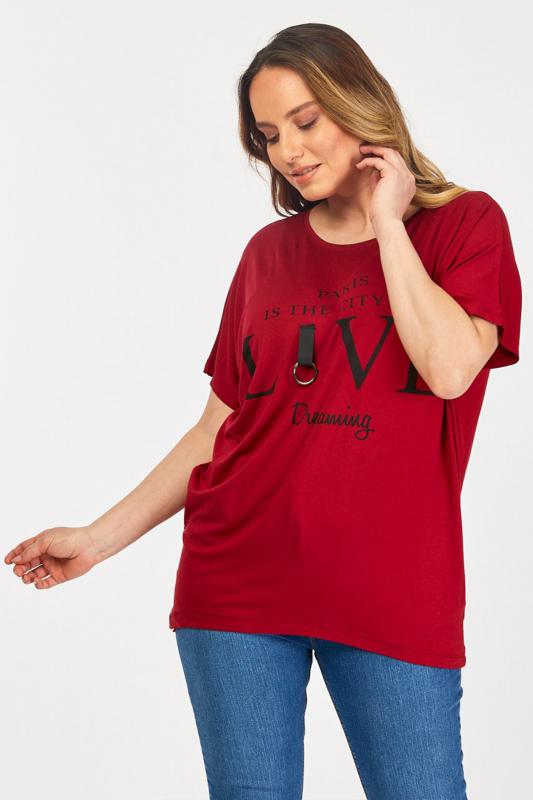 Kadın Büyük Beden Bordo Yazı Baskılı Günlük Bluz