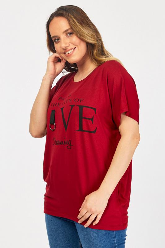 Kadın Büyük Beden Bordo Yazı Baskılı Günlük Bluz