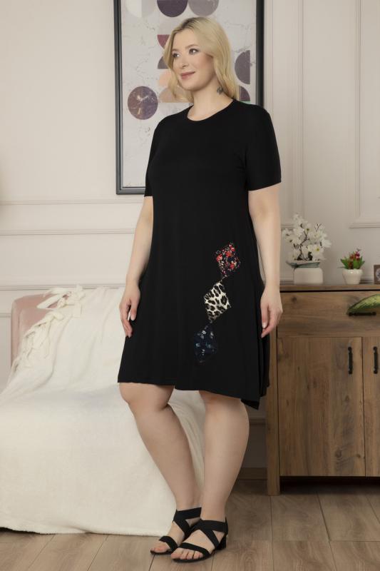 Kadın Büyük Beden Siyah Patchwork Desenli Midi Elbise.