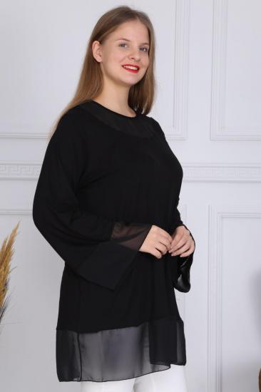 Kadın Büyük Beden Kol Ve Yaka Şifon Detaylı Siyah Viskon Tunik Bluz