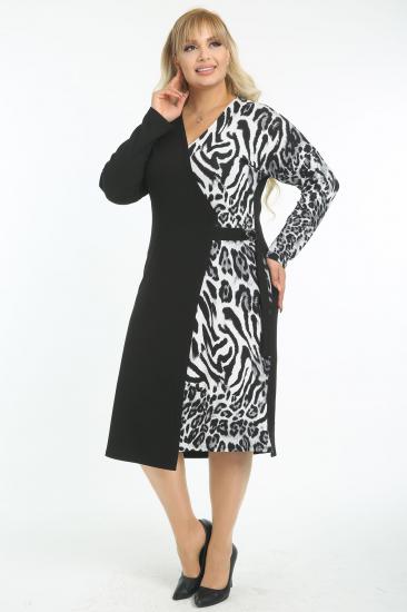 Kadın Büyük Beden Siyah-Beyaz Leopar Garnili Elbise