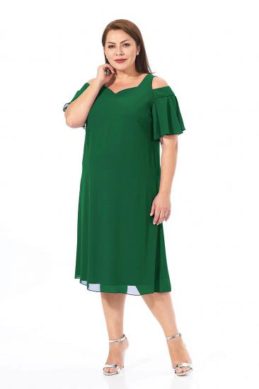  Kadın Büyük Beden Yeşil Omuz Dekolteli Şifon Abiye Elbise