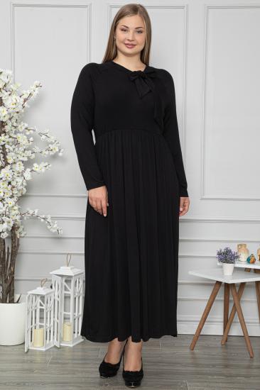 Kadın Büyük Beden Kravat Yaka Belden Oturtmalı Siyah Elbise