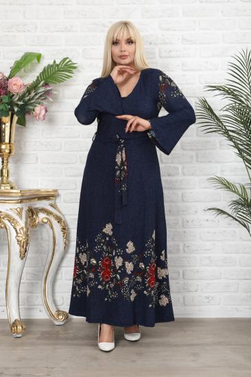 Kadın Büyük Beden Lacivert Çiçek Basklı Midi Boy Elbise