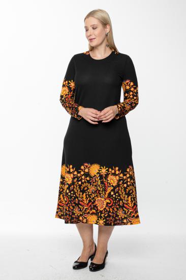 Kadın Siyah Uzun, Eteği Çiçekli  Krep Elbise